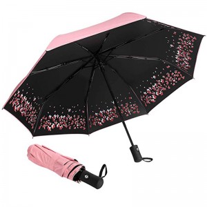 Paraguas de impresión personalizada con diseño de flores con recubrimiento negro Protección UV Paraguas de 3 pliegues